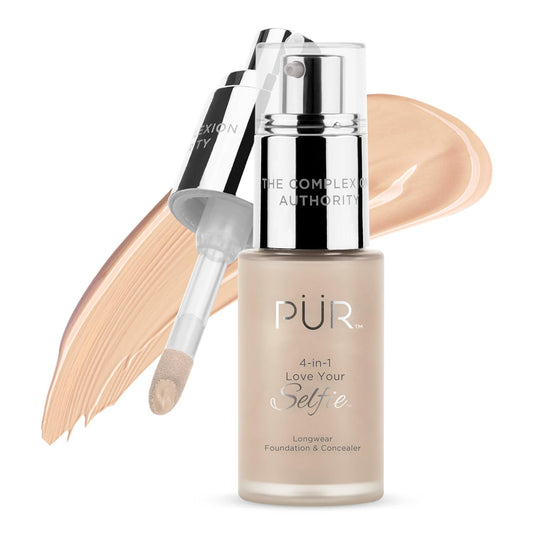 PÜR MINERALS 4-In-1 Love Your Selfie Foundation & Concealer - Longwear Medium-To-Full Coverage Liquid Makeup Foundation with Hydrating Blend for Refined-Looking, Natural Beauty Glow & Skin Texture