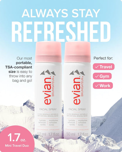 Evian Facial Spray 1.7 Oz - Hydrating Mineral Water Mist for Face & Skin - Refreshes Makeup and Tones Skin - Tsa-Approved Mini Facial Spray Set for Daily Skincare Hydration